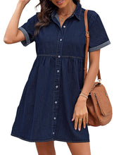 Vetinee Women's Cute Summer Denim Dress Rolled Sleeve Button Down Swing Dress