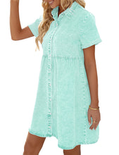 Vetinee Women's Cute Summer Denim Dress Rolled Sleeve Button Down Swing Dress