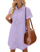 Vetinee Women's Cute Summer Denim Dress Rolled Sleeve Button Down Swing Dress