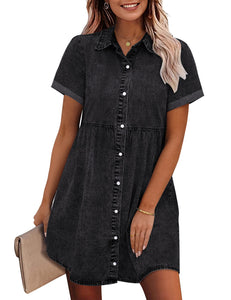 Vetinee Women's Cute Summer Denim Dress Rolled Sleeve Button Down Swing Dress