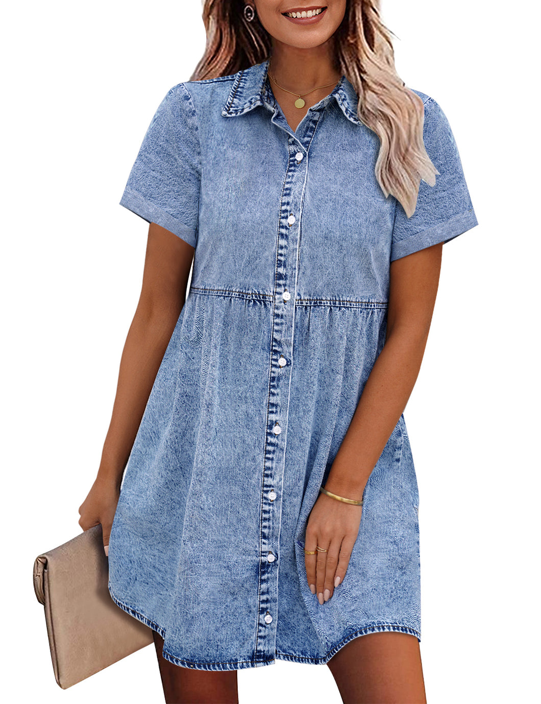 Vetinee Women's Cute Summer Denim Dress Rolled Sleeve Button Down Swing Dress