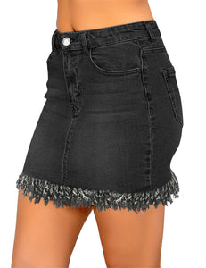 Vetinee Casual Short Denim Skirt for Women Summer Fall Frayed Raw Hem Jean Skirt