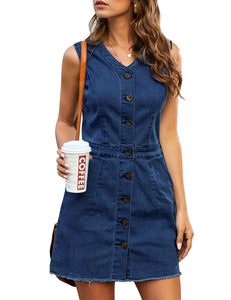 Vetinee Classic Denim Dress for Women Summer Sleeveless Button Down Fitted Dress