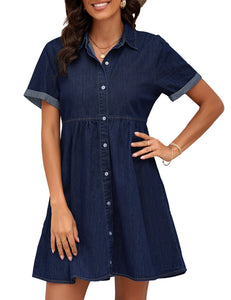 Vetinee Women's Cute Summer Denim Dress Rolled Sleeve Button Down Swing Dress