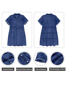 Vetinee Women's Cute Summer Denim Dress Rolled Sleeve Button Down Swing Dress