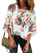 Vetinee Women's Floral Print Tops 3/4 Flowy Sleeve Blouses Strappy V Neck Mesh Patchwork Shirts