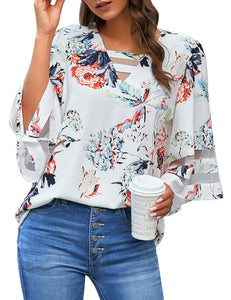 Vetinee Women's Floral Print Tops 3/4 Flowy Sleeve Blouses Strappy V Neck Mesh Patchwork Shirts