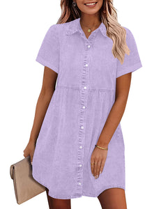 Vetinee Women's Cute Summer Denim Dress Rolled Sleeve Button Down Swing Dress