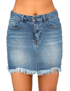 Vetinee Casual Short Denim Skirt for Women Summer Fall Frayed Raw Hem Jean Skirt