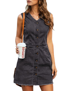 Vetinee Classic Denim Dress for Women Summer Sleeveless Button Down Fitted Dress
