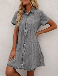 Vetinee Women's Cute Summer Denim Dress Rolled Sleeve Button Down Swing Dress