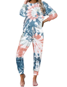 Dark Blue Long Sleeves Tie-Dye Drawstring Jogger Lounge Set