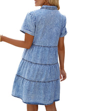 Vetinee Women's Cute Summer Denim Dress Rolled Sleeve Button Down Swing Dress