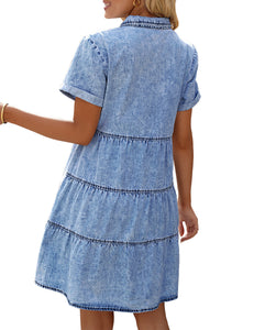 Vetinee Women's Cute Summer Denim Dress Rolled Sleeve Button Down Swing Dress