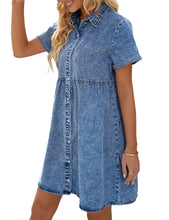 Vetinee Women's Cute Summer Denim Dress Rolled Sleeve Button Down Swing Dress