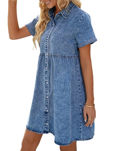 Vetinee Women's Cute Summer Denim Dress Rolled Sleeve Button Down Swing Dress