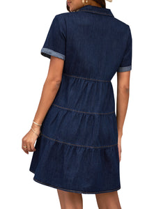 Vetinee Women's Cute Summer Denim Dress Rolled Sleeve Button Down Swing Dress