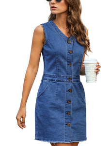 Vetinee Classic Denim Dress for Women Summer Sleeveless Button Down Fitted Dress