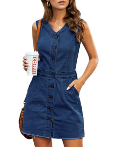 Vetinee Classic Denim Dress for Women Summer Sleeveless Button Down Fitted Dress