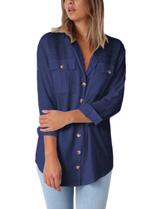 Vetinee Women's Casual Button Down Blouse Shirts Cuffed Sleeve Loose T-Shirt Tops