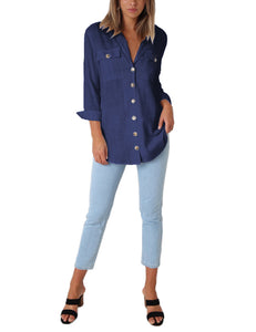 Vetinee Women's Casual Button Down Blouse Shirts Cuffed Sleeve Loose T-Shirt Tops