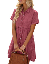 Vetinee Women's Cute Summer Denim Dress Rolled Sleeve Button Down Swing Dress