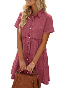 Vetinee Women's Cute Summer Denim Dress Rolled Sleeve Button Down Swing Dress