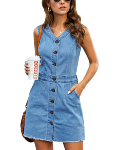 Vetinee Classic Denim Dress for Women Summer Sleeveless Button Down Fitted Dress