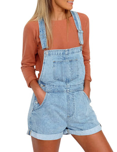 Vetinee Women's Classic Adjustable Straps Cuffed Hem Denim Bib Overalls Shorts