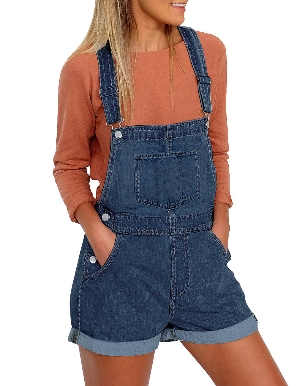 Vetinee Women's Classic Adjustable Straps Cuffed Hem Denim Bib Overalls Shorts