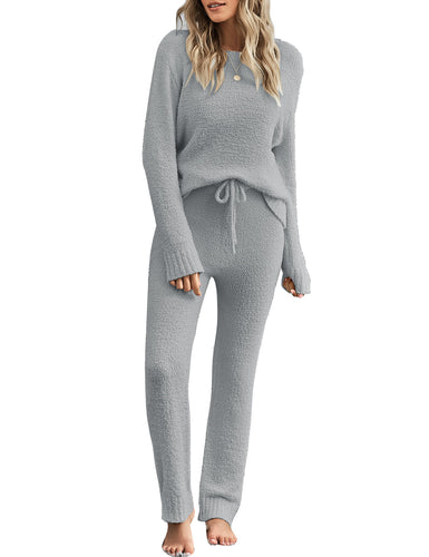 Grey Knitted Fleece Drawstring-Waist Loungewear Set