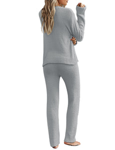 Grey Knitted Fleece Drawstring-Waist Loungewear Set