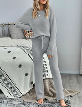 Grey Knitted Fleece Drawstring-Waist Loungewear Set