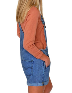 Vetinee Women's Classic Adjustable Straps Cuffed Hem Denim Bib Overalls Shorts
