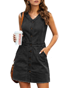 Vetinee Classic Denim Dress for Women Summer Sleeveless Button Down Fitted Dress