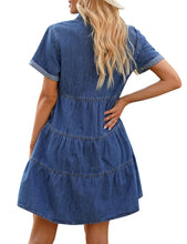 Vetinee Women's Cute Summer Denim Dress Rolled Sleeve Button Down Swing Dress