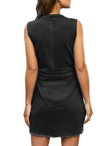 Vetinee Classic Denim Dress for Women Summer Sleeveless Button Down Fitted Dress