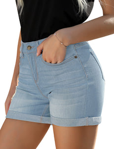 Vetinee High Rise Stretchy Folded Hem Denim Shorts for Women Casual Jean Shorts