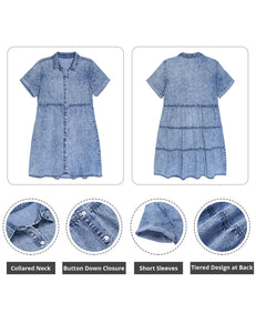 Vetinee Women's Cute Summer Denim Dress Rolled Sleeve Button Down Swing Dress